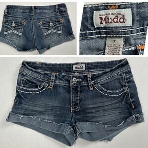 Mudd Y2K Micro Mini Jean Shorts Denim Size 7 Flap Pocket Blue Low Rise 2” Inseam